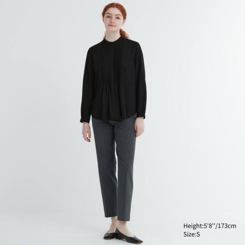 Blusa Uniqlo Rayon Pintuck Long Sleeved Mujer Negras | 5962QGNTA