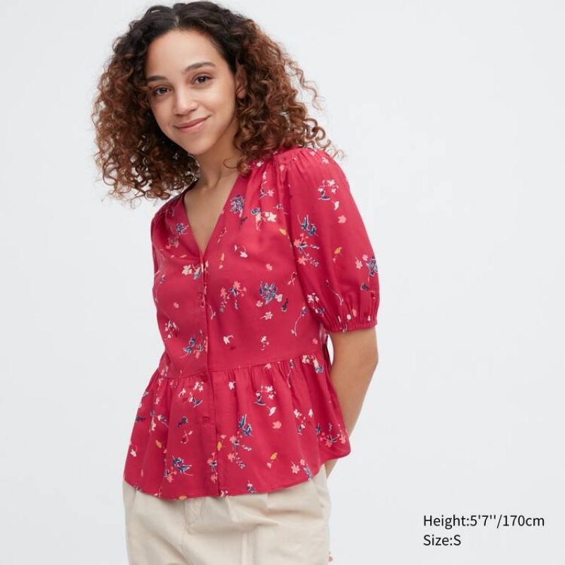 Blusa Uniqlo Viscose Lawn V Neck Printed Volume Sleeved Mujer Rojas | 0687WNDQI