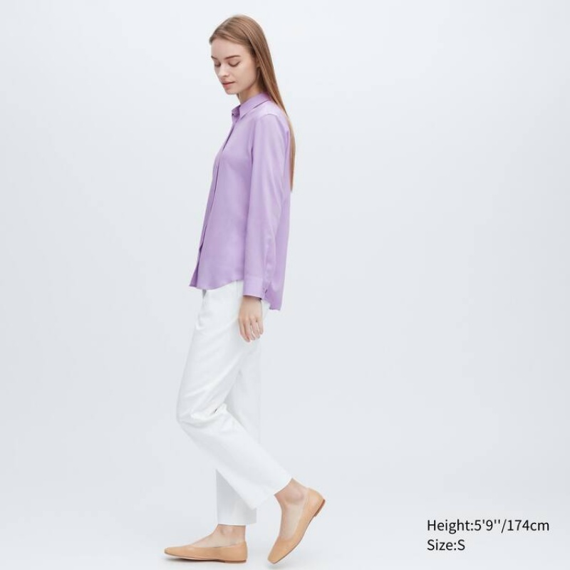 Blusa Uniqlo Viscose Long Sleeved Mujer Moradas | 9410JOSUK