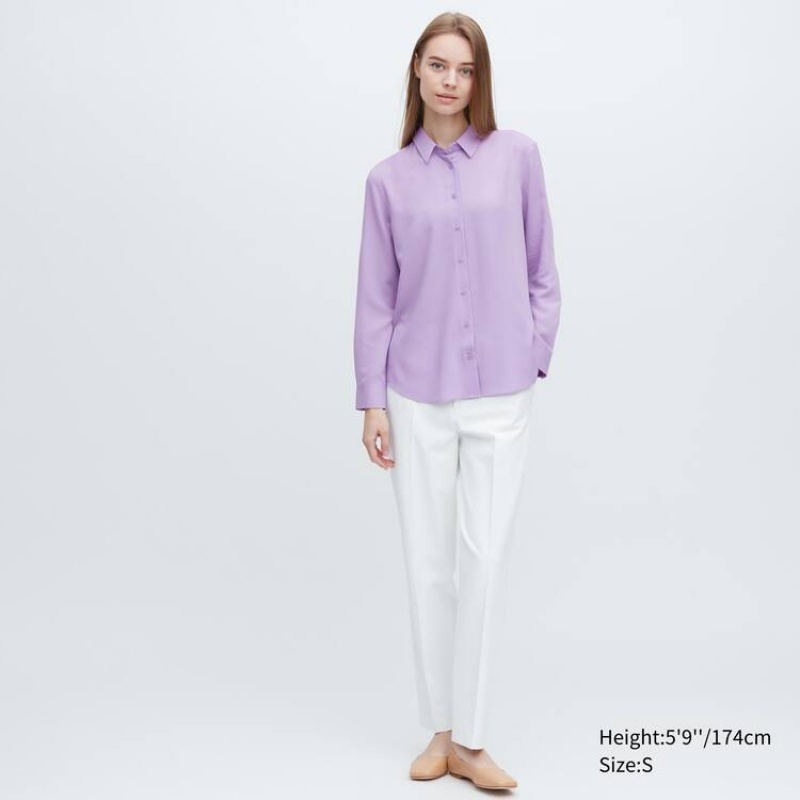 Blusa Uniqlo Viscose Long Sleeved Mujer Moradas | 9410JOSUK