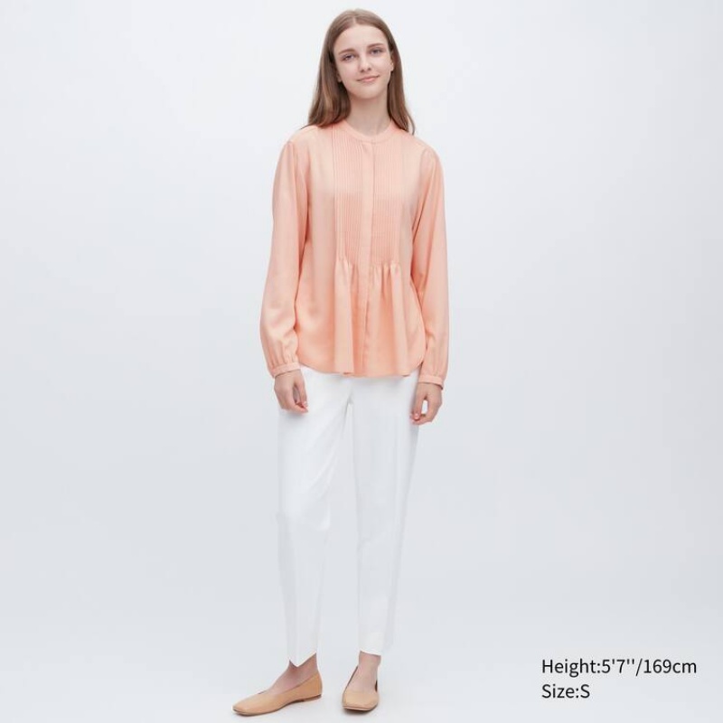 Blusa Uniqlo Viscose Pintucked Long Sleeved Mujer Coral | 2645FAOTG