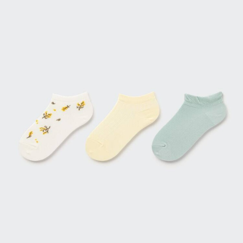 Calcetines Uniqlo Flower Print Corta (Three Pairs) Niños Creme Amarillo Azules | 8601RHSAL