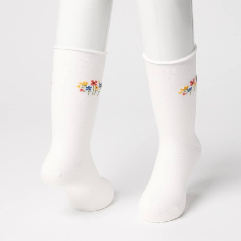 Calcetines Uniqlo Flower Print Regular (Three Pairs) Niños Blancas Moradas Azul Marino | 9374JFMCK