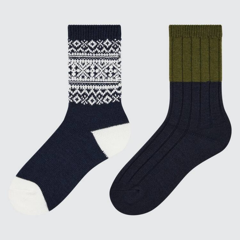 Calcetines Uniqlo Heattech Fair Isle Print (Two Pairs) Niños Azul Marino Blancas Verde | 0719DRLCS