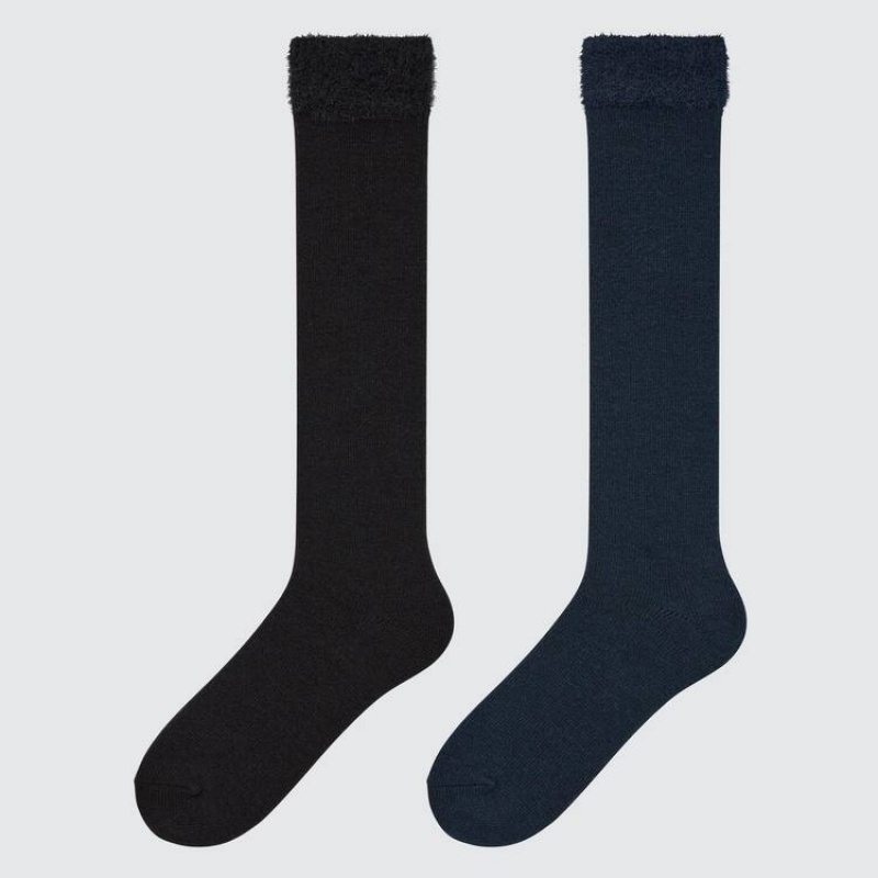 Calcetines Uniqlo Heattech Knee High Fluffy (Two Pairs) Niños Negras | 5610ZWRIH