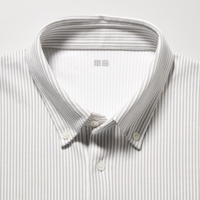 Camisa Polo Uniqlo Airism A Rayas (Button-down Collar) Hombre Gris | 0281RPUEM