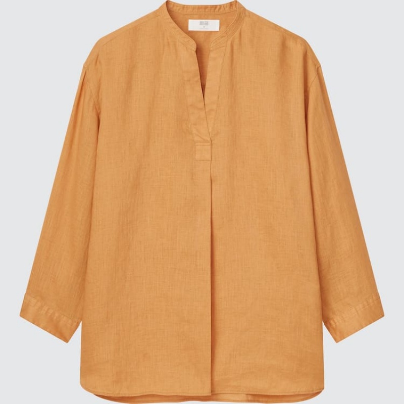 Camisas Uniqlo 100% Linen Skipper Collar 3/4 Sleeved Mujer Naranjas | 0285KLVEX