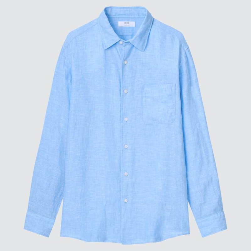 Camisas Uniqlo 100% Premium Linen Hombre Azules | 4026TSBAE