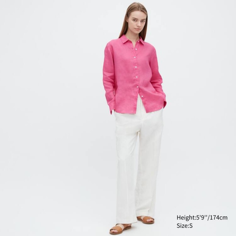 Camisas Uniqlo 100% Premium Linen Long Sleeved Mujer Rosas | 4728QXYRA