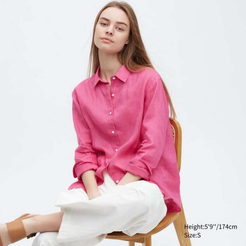 Camisas Uniqlo 100% Premium Linen Long Sleeved Mujer Rosas | 4728QXYRA