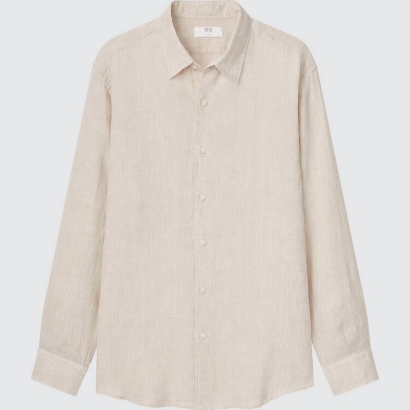 Camisas Uniqlo 100% Premium Linen Regular Fit (Regular Collar) Hombre Beige | 4190KFUES