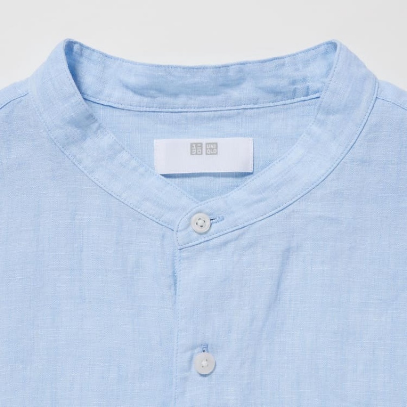 Camisas Uniqlo 100% Premium Linen Regular Fit (Grandad Collar) Hombre Azules | 6593EFDLI