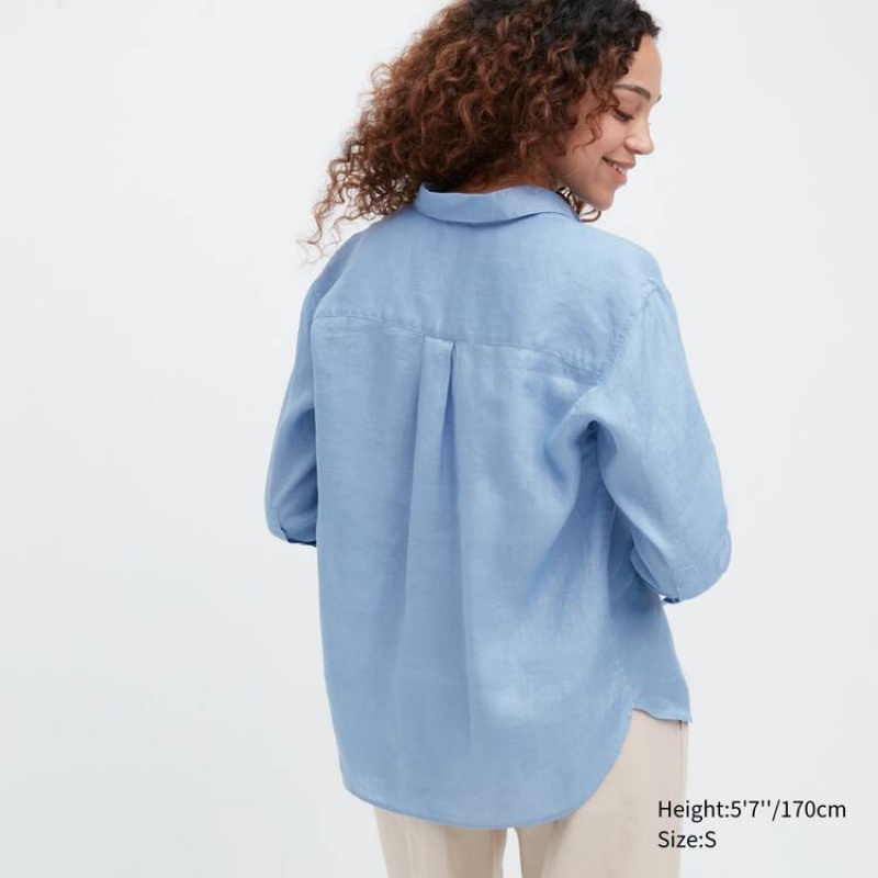 Camisas Uniqlo 100% Premium Linen Skipper Collar 3/4 Sleeved Mujer Azules | 4937QPNWC