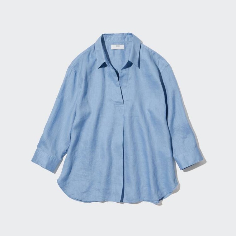 Camisas Uniqlo 100% Premium Linen Skipper Collar 3/4 Sleeved Mujer Azules | 4937QPNWC