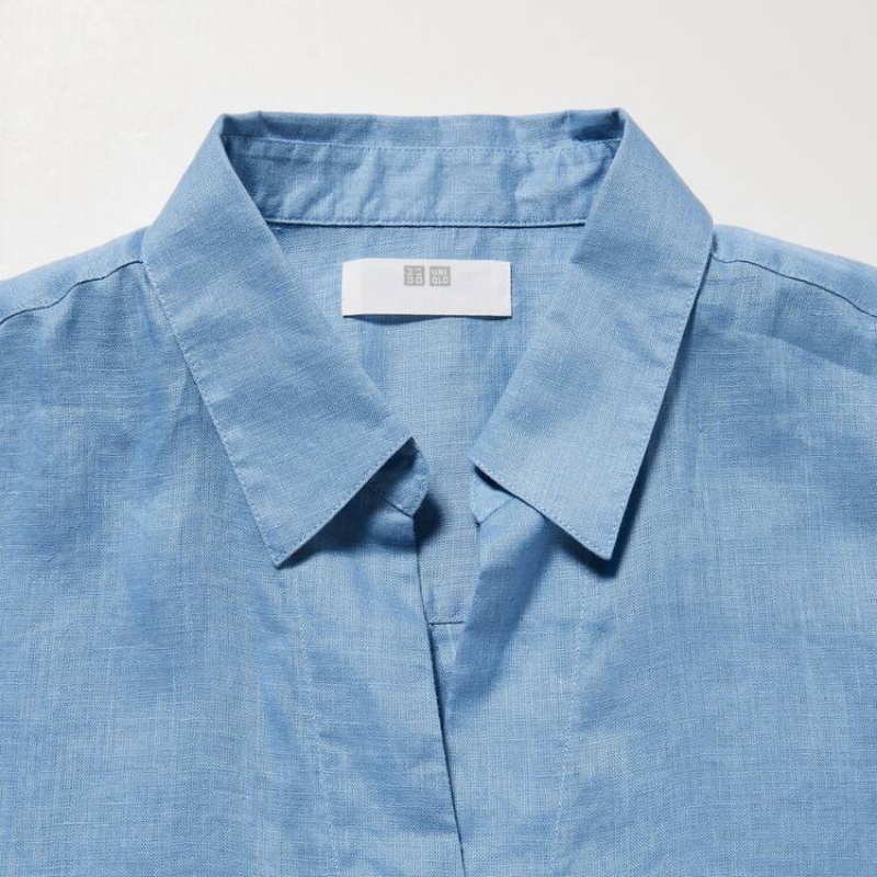 Camisas Uniqlo 100% Premium Linen Skipper Collar 3/4 Sleeved Mujer Azules | 4937QPNWC