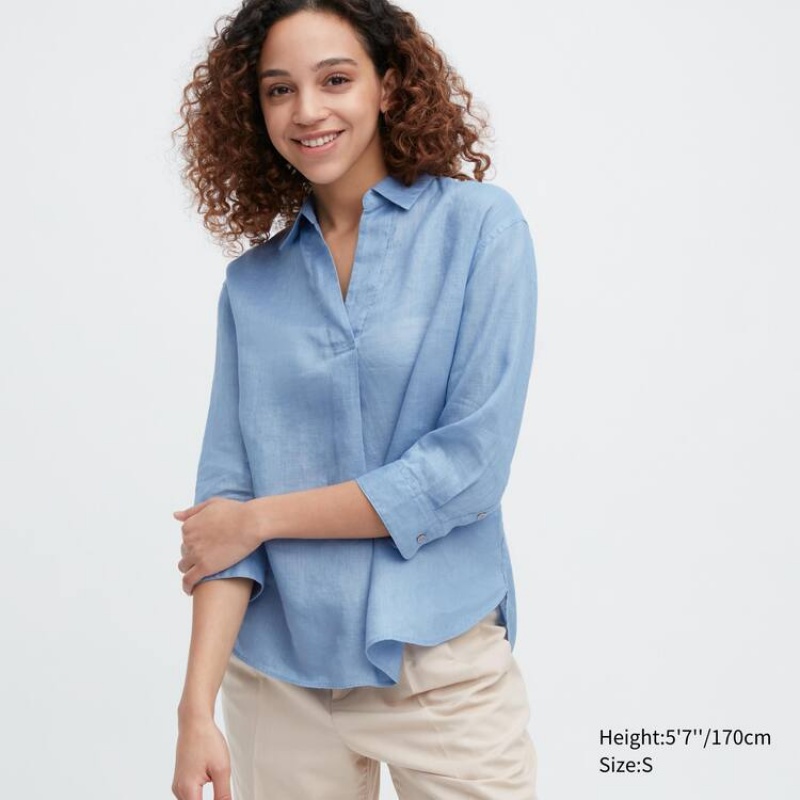 Camisas Uniqlo 100% Premium Linen Skipper Collar 3/4 Sleeved Mujer Azules | 4937QPNWC