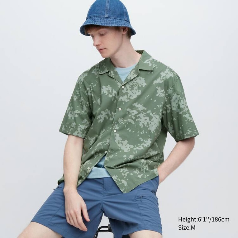 Camisas Uniqlo Algodon Blend Casuales Printed Corta Sleeved (Open Collar) Hombre Verde | 5197WBCEV