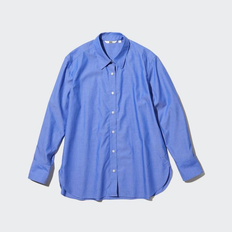 Camisas Uniqlo Algodon Chambray Long Sleeved Mujer Azules | 1764BCFPL