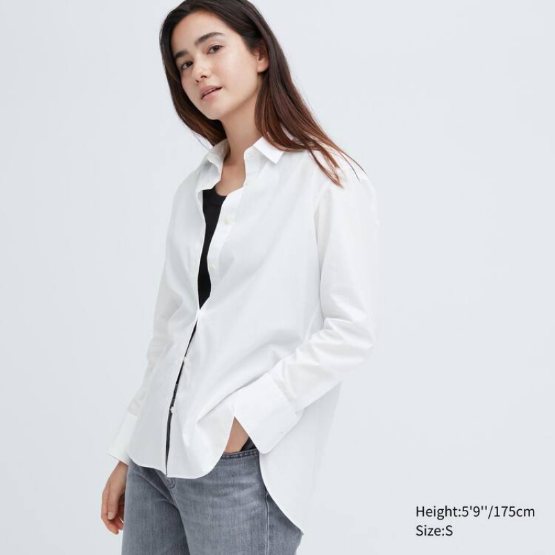 Camisas Uniqlo Algodon Long Sleeved Mujer Blancas | 6794ORGIC