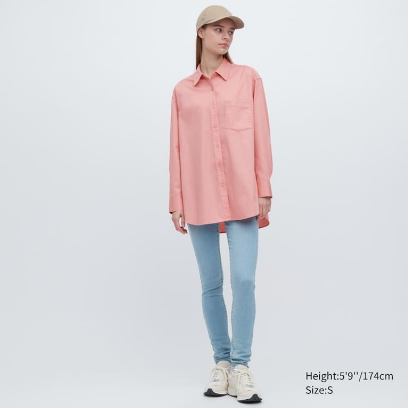 Camisas Uniqlo Algodon Twill Oversized Long Sleeved Mujer Rosas | 2547FABIP