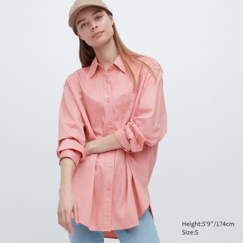 Camisas Uniqlo Algodon Twill Oversized Long Sleeved Mujer Rosas | 2547FABIP