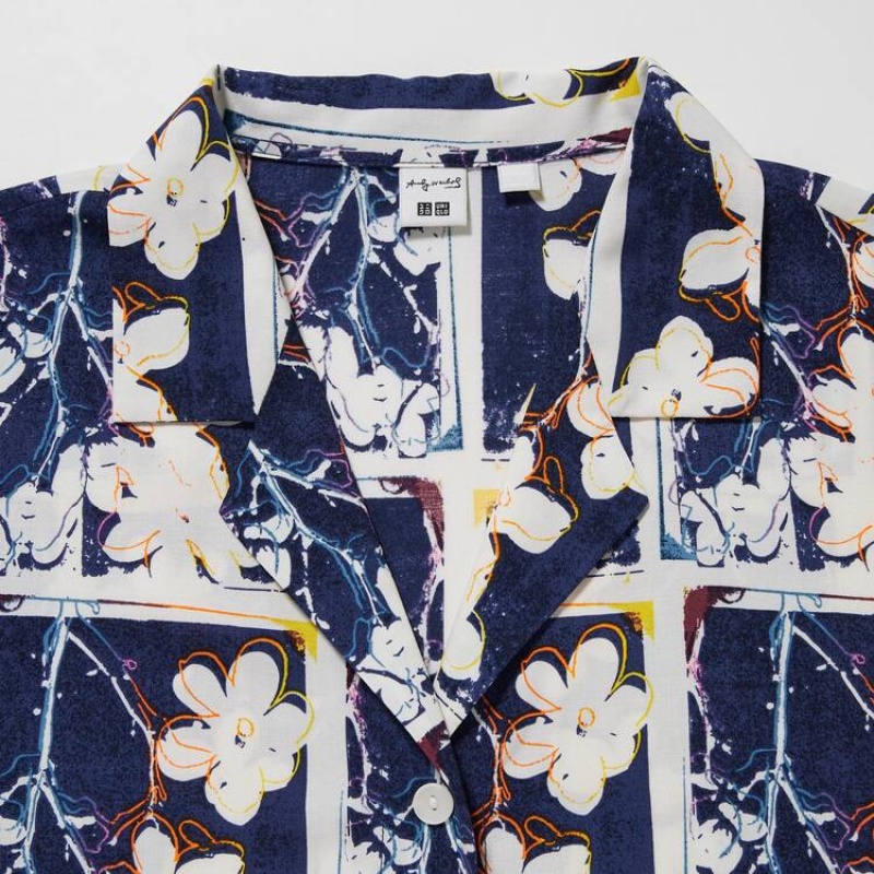 Camisas Uniqlo Andy Warhol Flowers Colección Ut Printed Open Collar Corta Sleeved Mujer Blancas | 8697LXSIY