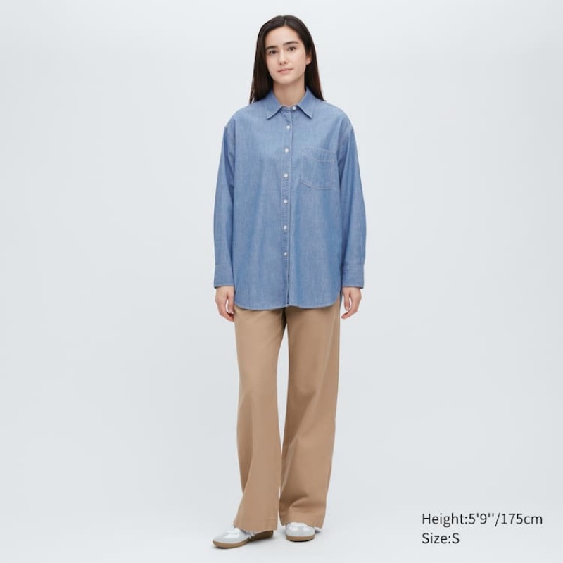 Camisas Uniqlo Chambray Oversized Long Sleeved Mujer Azules | 9218WRCTQ