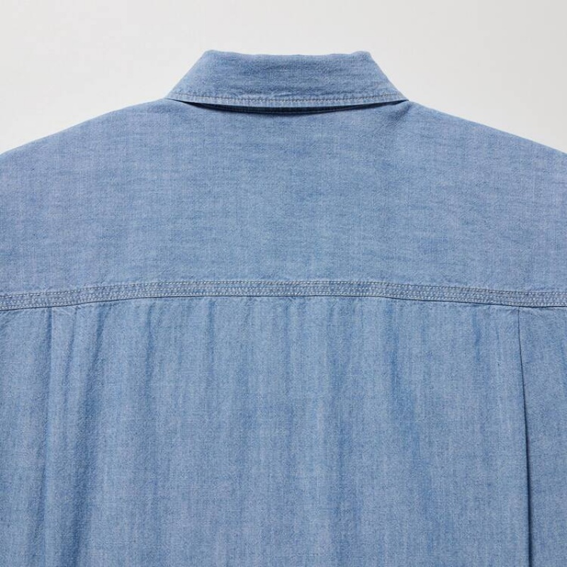 Camisas Uniqlo Chambray Oversized Long Sleeved Mujer Azules | 9218WRCTQ