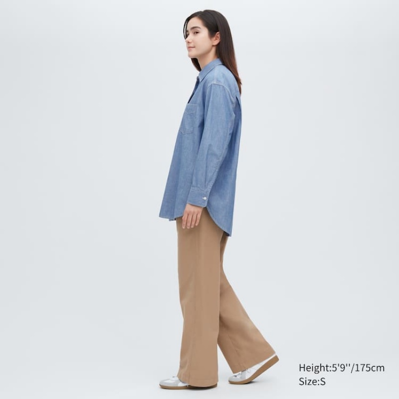 Camisas Uniqlo Chambray Oversized Long Sleeved Mujer Azules | 9218WRCTQ