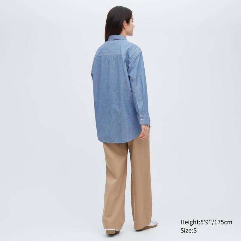 Camisas Uniqlo Chambray Oversized Long Sleeved Mujer Azules | 9218WRCTQ