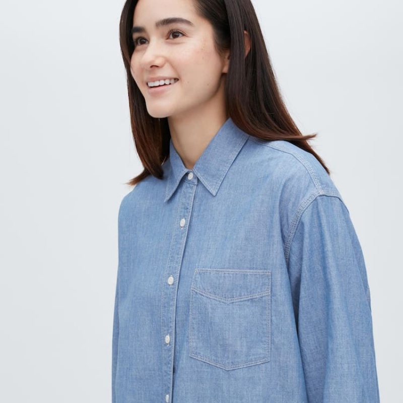 Camisas Uniqlo Chambray Oversized Long Sleeved Mujer Azules | 9218WRCTQ