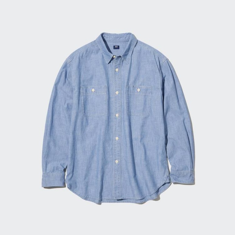 Camisas Uniqlo Chambray Regular Fit Trabajo (Regular Collar) Hombre Azules | 7643MXRQY