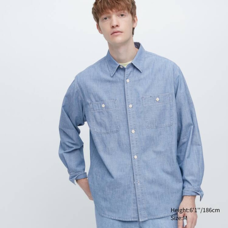 Camisas Uniqlo Chambray Regular Fit Trabajo (Regular Collar) Hombre Azules | 7643MXRQY