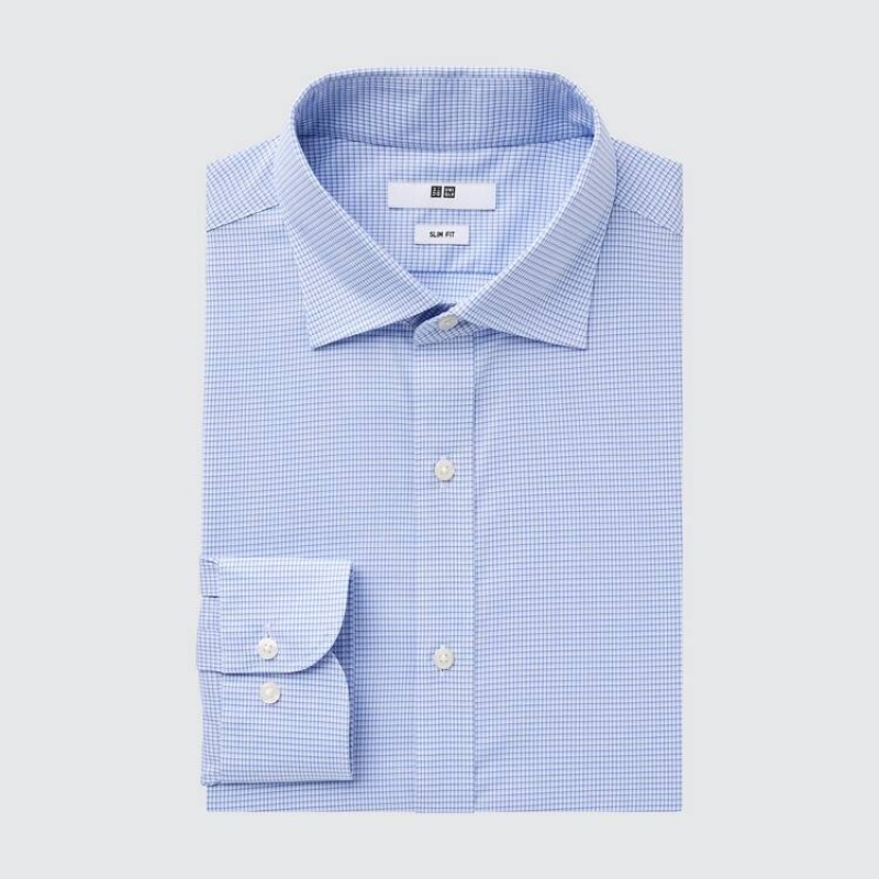 Camisas Uniqlo Easy Care Checked Stretch Slim Fit (Semi-cutaway Collar) Hombre Azules | 4982JSPOV