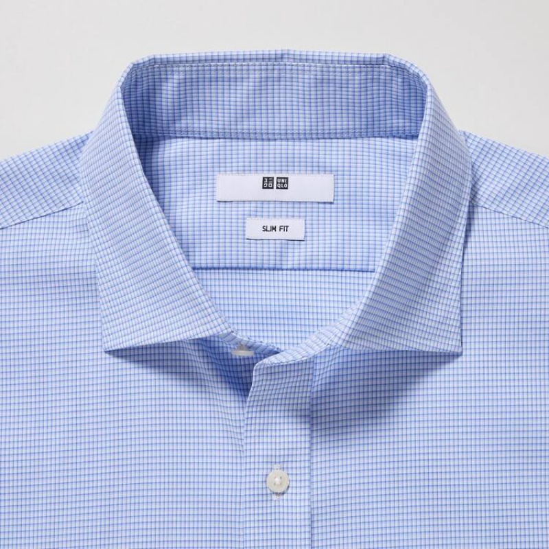 Camisas Uniqlo Easy Care Checked Stretch Slim Fit (Semi-cutaway Collar) Hombre Azules | 4982JSPOV