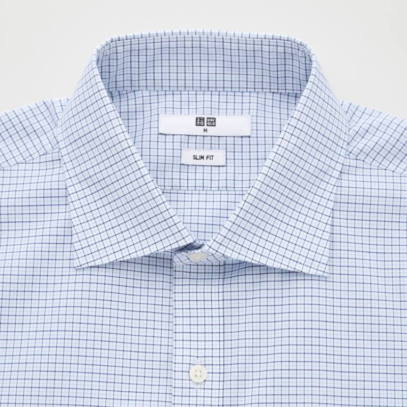 Camisas Uniqlo Easy Care Checked Stretch Slim Fit (Semi-cutaway Collar) Hombre Azules | 7901YUXFD