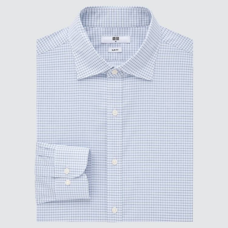 Camisas Uniqlo Easy Care Checked Stretch Slim Fit (Semi-cutaway Collar) Hombre Azules | 7901YUXFD