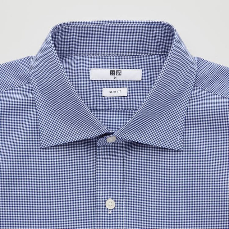 Camisas Uniqlo Easy Care Checked Stretch Slim Fit (Semi-cutaway Collar) Hombre Azules | 8634AUCWG