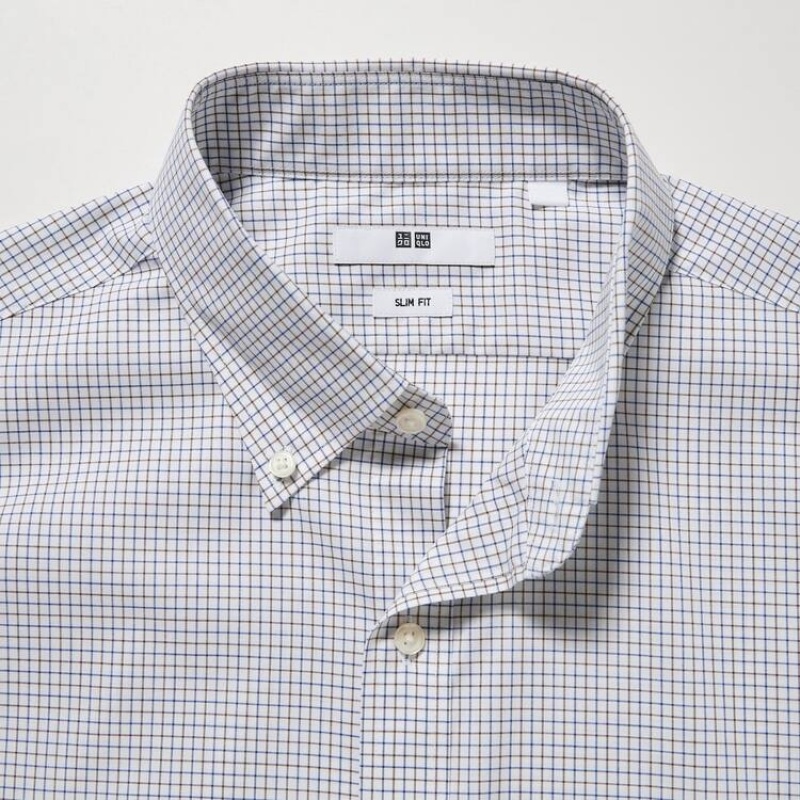 Camisas Uniqlo Easy Care Stretch Slim Fit Checked (Button-down Collar) Hombre Marrones | 2765ACDPI