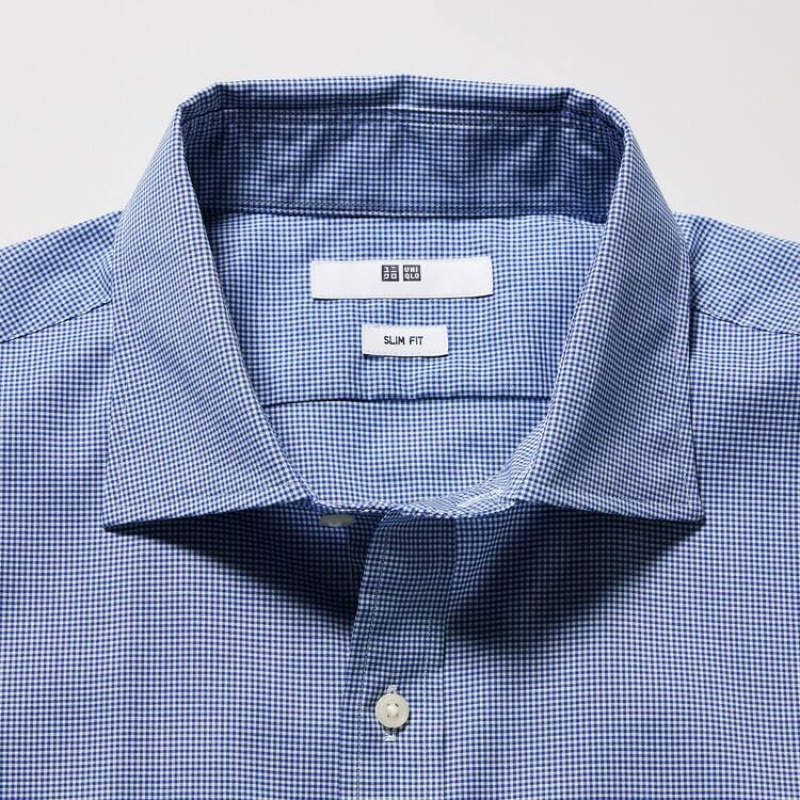 Camisas Uniqlo Easy Care Stretch Slim Fit Checked (Semi-cutaway Collar) Hombre Azules | 4857LFQHM