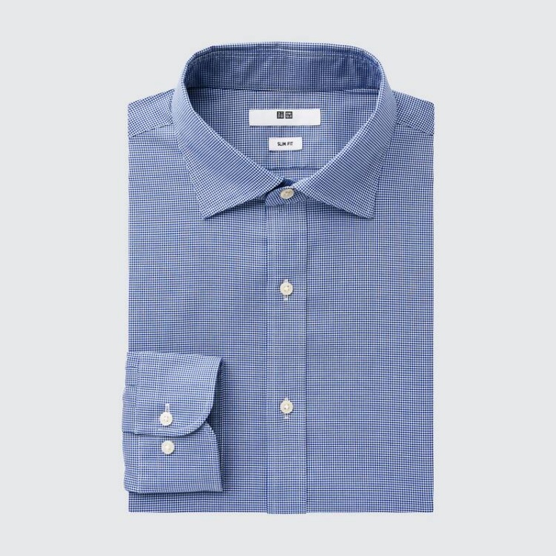 Camisas Uniqlo Easy Care Stretch Slim Fit Checked (Semi-cutaway Collar) Hombre Azules | 4857LFQHM