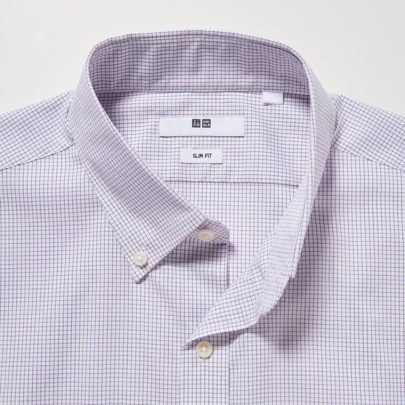 Camisas Uniqlo Easy Care Stretch Slim Fit Checked (Button-down Collar) Hombre Moradas | 8145CLGEJ