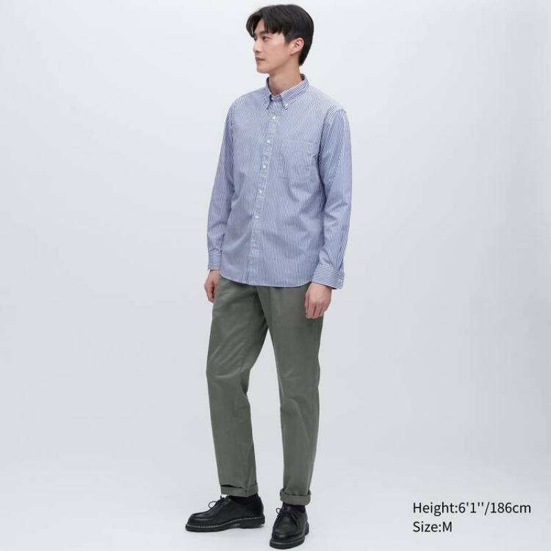 Camisas Uniqlo Extra Fine Algodon Broadcloth Regular Fit A Rayas (Button-down Collar) Hombre Azules | 9358KPNTD