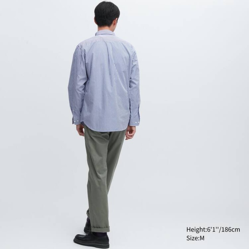 Camisas Uniqlo Extra Fine Algodon Broadcloth Regular Fit A Rayas (Button-down Collar) Hombre Azules | 9358KPNTD