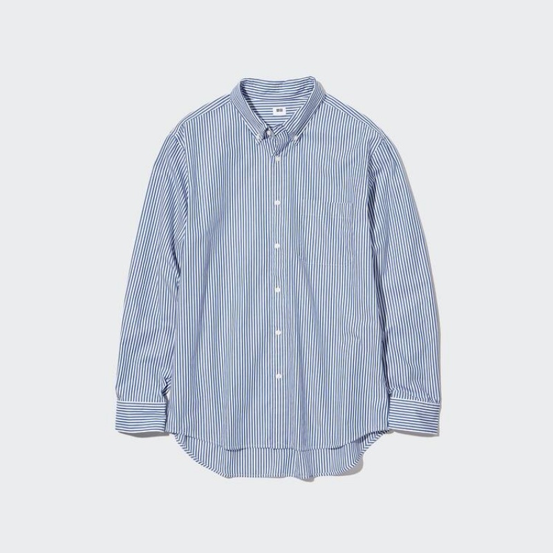 Camisas Uniqlo Extra Fine Algodon Broadcloth Regular Fit A Rayas (Button-down Collar) Hombre Azules | 9358KPNTD