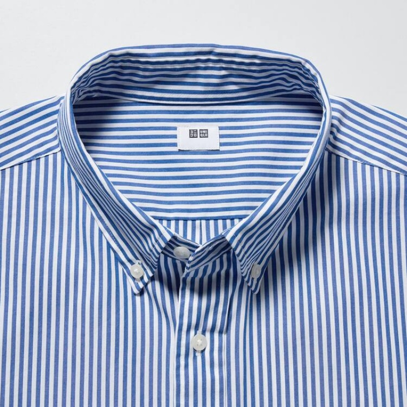 Camisas Uniqlo Extra Fine Algodon Broadcloth Regular Fit A Rayas (Button-down Collar) Hombre Azules | 9358KPNTD