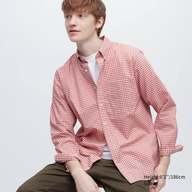 Camisas Uniqlo Extra Fine Algodon Broadcloth Long Sleeve Hombre Rojas | 5207CFYBH