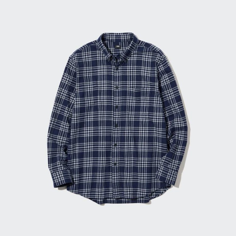 Camisas Uniqlo Flannel Regular Fit Checked (Button-down Collar) Hombre Azul Marino | 9345EGNZL