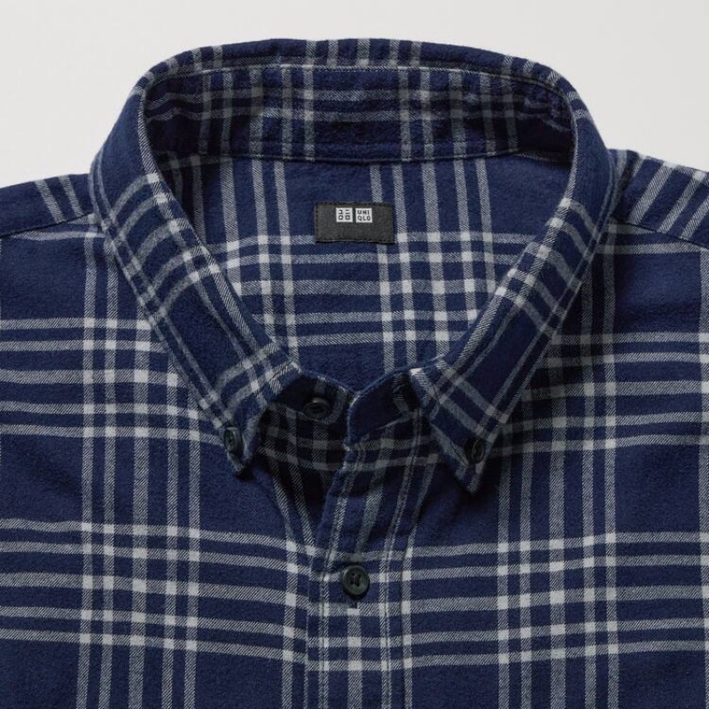 Camisas Uniqlo Flannel Regular Fit Checked (Button-down Collar) Hombre Azul Marino | 9345EGNZL