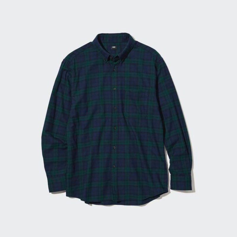 Camisas Uniqlo Flannel Regular Fit Checked (Button-down Collar) Hombre Verde Oscuro | 1456MOWVK